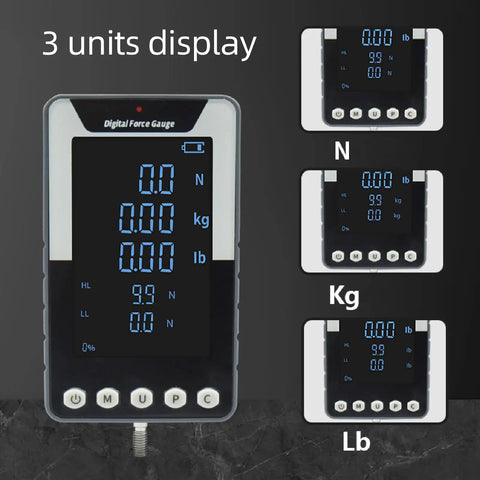 Straight Shooting Digital Force Gauge And Push Pull Meter For Tension And Pressure Testing With 10N Capacity, showing 3 unit display.