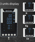 No Sweat Handheld Dynamometer With Drop Dead Easy Digital Force Gauge showing 3 units display for quick push pull thrust checks.