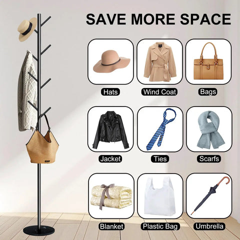 Freestanding Coat Rack With Marble Base And Eight Heavy Duty Hooks, displaying jackets, coats, hats, scarves, and handbags.
