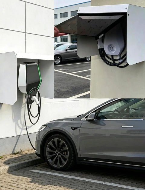 Boss Level Hella Tough All Season Ev Charger Cover Wall Mount Box Guards Electric Vehicle Plug Against Brutal Rain Snow Sun Uv Damage Easy Install Sturdy Galvanized Steel Design mounted on wall with electric vehicle charging.