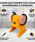 Slick Cordless Mini Bench Grinder With 70mm Wheel And 5500 RPM For Quick Sharpening And Polishing Jobs Around The Shop No Wire Hassle Just Drop Your 18V Pack And Roll on a workbench with dual grinding wheels.