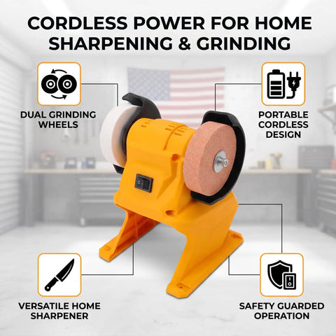 Slick Cordless Mini Bench Grinder With 70mm Wheel And 5500 RPM For Quick Sharpening And Polishing Jobs Around The Shop No Wire Hassle Just Drop Your 18V Pack And Roll on a workbench with dual grinding wheels.
