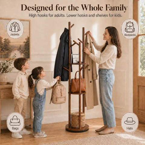 Family using Rotating Coat Rack Freestanding With 9 Hooks And 3 Shelves, Heavy-Duty Rubberwood Hall Tree In Walnut Finish
