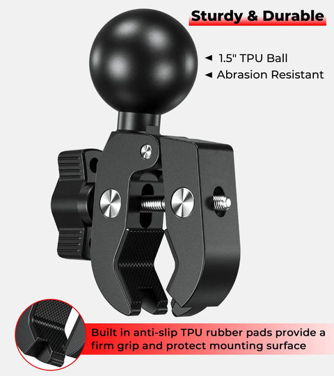 Rock Solid 1.5 Inch Ball Trolling Motor Stabilizer Mount Support CNC Machined 6061 T6 Aluminum Alloy tough claw clamp with 1.5 inch TPU ball.