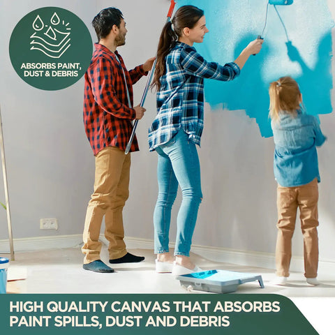 Family painting a wall, using a Rugged Cotton Duck Drop Cloth For Painting And Protection, Washable And Reusable 8x10 Ft Canvas Tarp.
