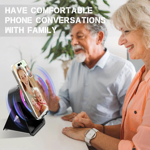 Wireless Induction Speaker Stand With Five In One Bluetooth Five Point Three, 360 Degree Rotation, RGB Ambient Light, Hands Free Gadget Gift For Men Women Dad Mom, Compatible With iPhone Android iPad Samsung in use during a video call with family.