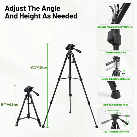 47 Inch Tripod for 360 Degree Self Leveling Laser Level with adjustable height, rotary adjustment, and non-skid feet
