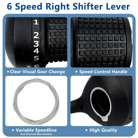 6 Speed Right Shifter Lever with gears 1-6, textured grip, and cable for 18 Speed Twist Shifter For Bicycle 3x6 Gear Shift