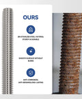 M3 stainless steel fully threaded rod, 1 in length, right-hand threads; shiny new rod beside a rusted one