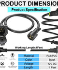 Heavy Duty 7 Way Trailer Extension Cord Plug And Play One Foot Wiring Cable With Socket for RV Camper Trailers, black, flexible design.