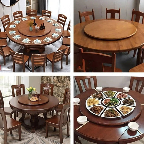 Top Shelf Heavy Duty Oak Lazy Susan Turntable Featuring Slick 360 Degree Spin And Rock Solid Anti Slip Base on round dining tables.