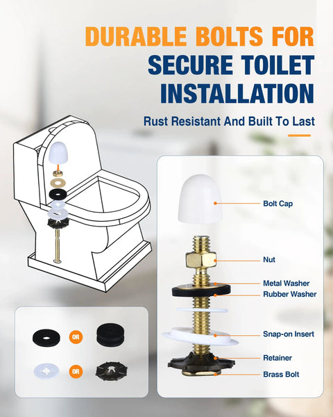 Top Shelf Toilet Flange Repair Kit With Extra Thick One Point Five Seven Inch Wax Ring To Crush Leak Headaches And Guarantee Rock Solid Seal For Three And Four Inch Pipes. Durable rust-resistant toilet installation bolts and washers.