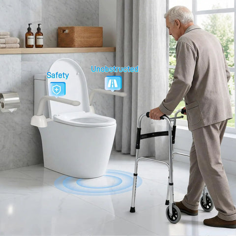 Rock Solid Toilet Safety Rails With Adjustable Grab Bars And Non Slip Bailout Handles Keep Everyone Steady While Using The Commode Space Saving Bathroom Assist Design, showing a senior using grab bars.