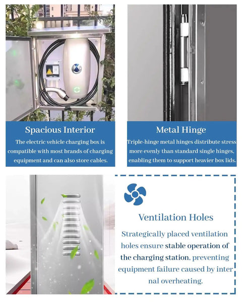 Heavy Duty Wall Mounted EV Charger Enclosure with Lock and Key, All Weather Stainless Steel Protector for Tesla Compatible Stations, clear view of spacious interior and metal hinge.