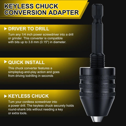 Side view of 2-pack keyless drill chuck adapters with 1/4-inch hex shank and quick-change chuck