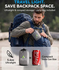 Man packing Ultralight Inflatable Travel Neck Pillow With Removable Cover into backpack, shown compact beside soda can, grey color.