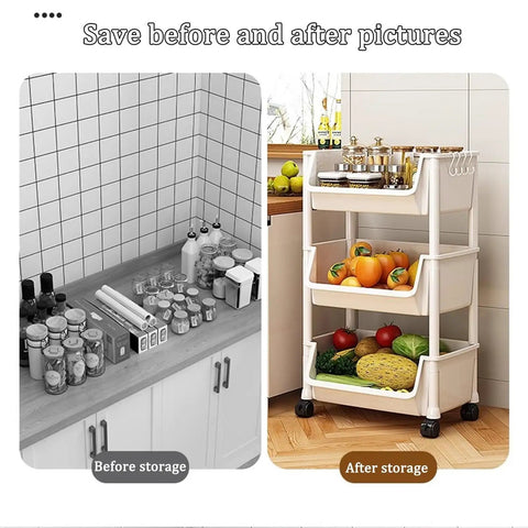 Rolling Storage Cart With Sweet Smooth Rollers And Three Layer Utility Shelf Rack For Cluttered Closets And Take It Anyway You Want And Mobile Organizer For Bathroom Kitchen Bedroom Laundry showing before and after storage.