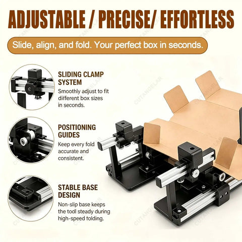 Airplane Box Folding Machine And Adjustable Carton Pleater showing sliding clamp system and positioning guides for precise folding.