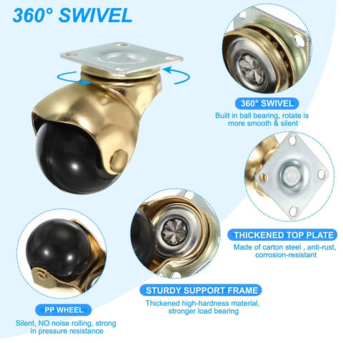1.5 Inch Ball Caster Wheels Set Of 4 For Furniture, 360 Degree Swivel Top Plate Casters In Gold Finish, 298 Lbs Total Capacity