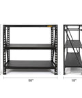 Level Up Your Storage Game With This Tough As Nails Three Shelf Industrial Storage Rack Featuring A Durable Laminate Top Deck And Fully Adjustable Black Steel Shelves, showcasing 48-inch height, 50-inch width, and 18-inch depth.