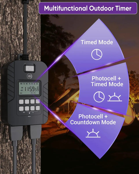 Rock Solid Outdoor Programmable Timer Featuring Weather Sealed Dual Grounded Outlets And Automatic Photocell Switches For Porch Lighting Run Two Gadgets At Once Zero Headaches Rain Or Shine Handles The Heavy Workload Daily with digital controls on tree.