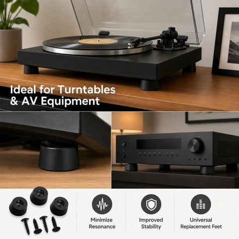Heavy-Duty Rubber Isolation Feet Four Pack With Steel Inserts-Badass Anti-Vibration Dampening Pads For Amps Subs And Turntables-Smooth Operator Audio Setup Upgrade For Crisp Bass And Ultra Clear Stereo Mixes on turntable and AV equipment.