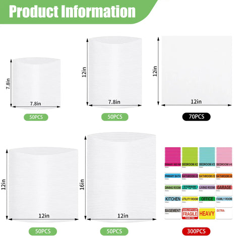 Sweet 570 Piece Foam Packing Supplies Kit for Moving Includes 270 Cushion Foam Pouches and Sheets in Four Sizes Along with 300 Writable Moving Labels to Protect All Your Dishes Glasses and Fragile Gear from Cracks during a Big Relocation Gig - 50PCS of 7.8x12 inch, 70PCS of 12x12 inch sheets, and label set.