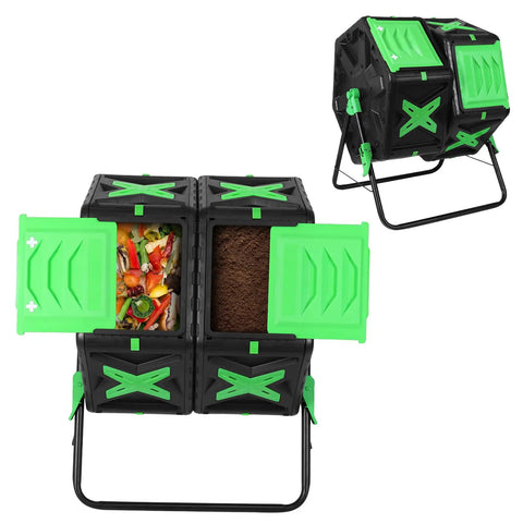 Dual Chamber Compost Tumbler For Outdoors, 2 Independent 70L Bins With No Fuss Setup, Portable Outdoor Compost Starter, yard ready
