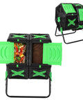 140L Dual Chamber Compost Tumbler for Outdoor Gardens and Yards, black and green rotating bin with visible openings for composting.