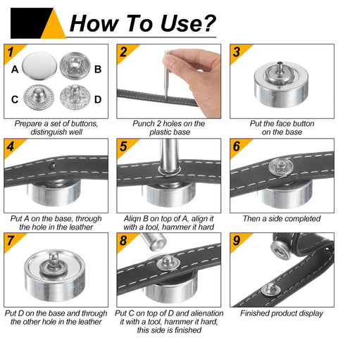 Instructional guide for using the 24 Pair Pro-Grade Brass Snap Buttons 15mm Gold Press Studs Fastener Kit with tools.