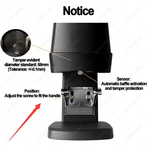 Heavy Duty Automatic Coffee Tamper With Adjustable Pressure Dial For Home Baristas And Specialty Shops Black Digital Espresso Press Tool showing adjustable features and tamper diameter.