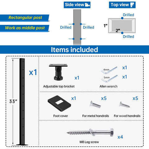 Intermediate Cable Railing Post 36 Inch Tall 1 Inch Thick 2 Inch Wide Brushed Stainless Steel Middle Post With Adjustable Top Mount