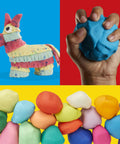 Game Changing Modeling Compound Haul With 65 Mini Cans serving a colorful piñata, a blue clay ball, and assorted vibrant clays.