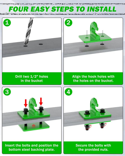 Installation steps for 2 Pack 3 By 8 Inch Tractor Bucket Grab Hooks Grade 70 Forged Steel Bolt On Grab Hooks With Backer Plate.