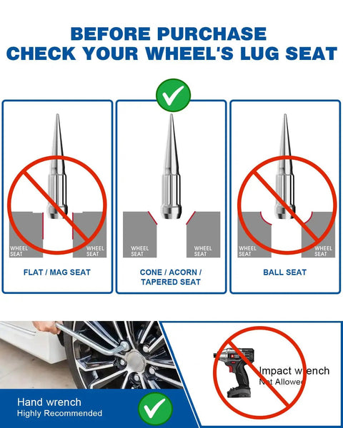 Diagram showing compatible and incompatible lug nut seats for Chrome Spike Lug Nuts 1/2-20 Locking Spline Conical Seat.