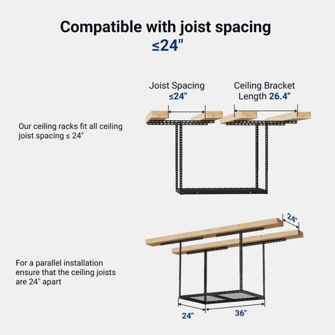 Heavy Duty Overhead Garage Storage Rack Free Up Floor Space With This Bad Boy Steel Ceiling Mount dimensions and joist spacing overview.
