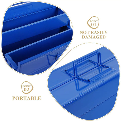Close-up of Badass Blue Iron Double Layer Toolbox Organizer with Grip Carry Handle, revealing storage compartments.