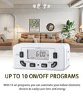Drop Dead Simple 7 Day Programmable Digital Timer Outlet With 15 Amp Capacity Smooth Operation in a modern living room setting.
