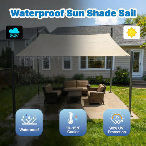 Beige 14x14 Square Waterproof Sun Shade Sail Canopy For Outdoor Patio Backyard Carport With UPF Fifty UV Blockage And Water Resistant Fabric 20 Degree Tilt For Quick Drain Custom Size Available providing shade over patio furniture