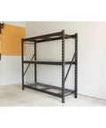 Robust 3 Tier Steel Shelving Rack With 6000 Lb Heavy Duty Capacity For Garage And Warehouse Storage features a sturdy black metal frame.