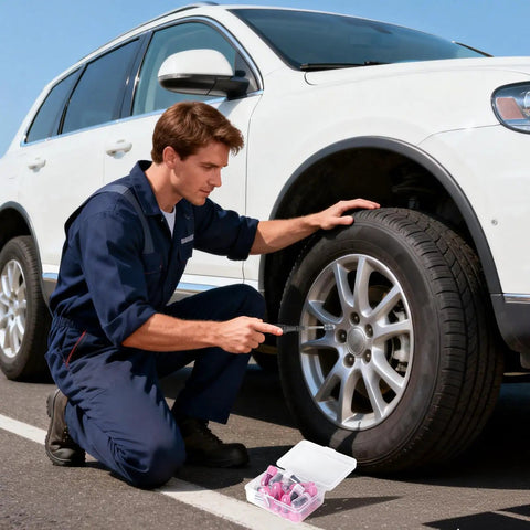 Man using Premium Spiral Screw Tire Repair Kit With 61 Heavy Duty Rubber Plugs on a car's tire for quick flat repairs.