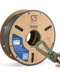 Absolute Beast Pet G F 3D Printer Filament With Fifteen Percent Glass Fiber In ODG Olive Green One Kilogram Spool displayed with a tool.