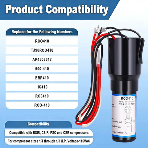 Dead Simple 3 In 1 Hard Start Kit For Refrigerators And Freezers With Heavy Duty Relay Overload Protector and Capacitor, showing compatibility details.