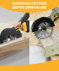 Lightweight 20V Cordless Mini Circular Saw Kit with 4 Inch Blades cutting wood with 0.8 Inch cut depth, side and front view