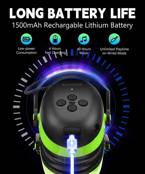 Top view of Bluetooth Hearing Protection With 25dB NRR And 1500mAh Rechargeable Battery, highlighting 40 hour playback feature.