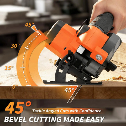 Heavy Duty Brushless Cordless Circular Saw Features 21 Volt 1500 Watt Motor delivers 7000 RPM for angled cuts.