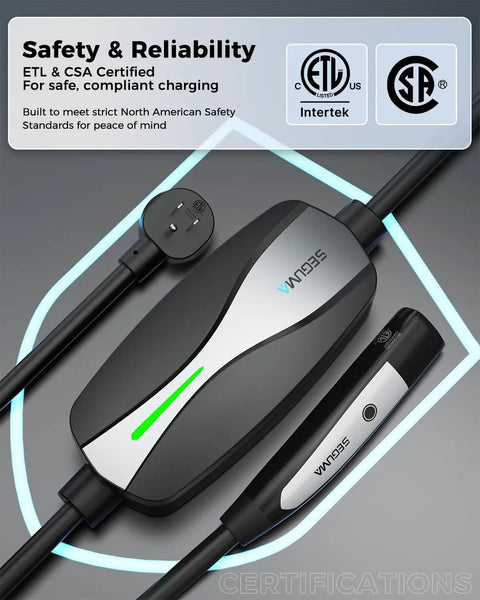 Portable Level 1 And 2 Tesla Charger With ETL Certification, NACS EV Charging Cable showing safety certifications and charging indicators.