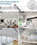 6 Inch Recessed LED Ceiling Light 12 Pack Dimmable Canless Wafer Light in living room, kitchen, work space, and bathroom settings.