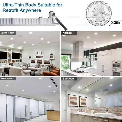 6 Inch Recessed LED Ceiling Light 12 Pack Dimmable Canless Wafer Light in living room, kitchen, work space, and bathroom settings.