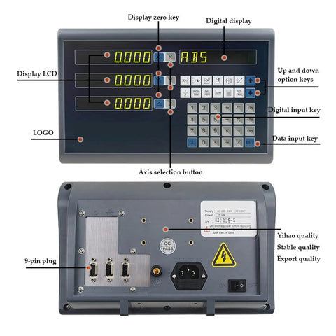 Heavy Duty 3 Axis DRO Kit Featuring Digital Calipers And Precision Linear Encoders For Lathe Milling Machines 5U Scale Digital Readout Setup front and back view showing controls